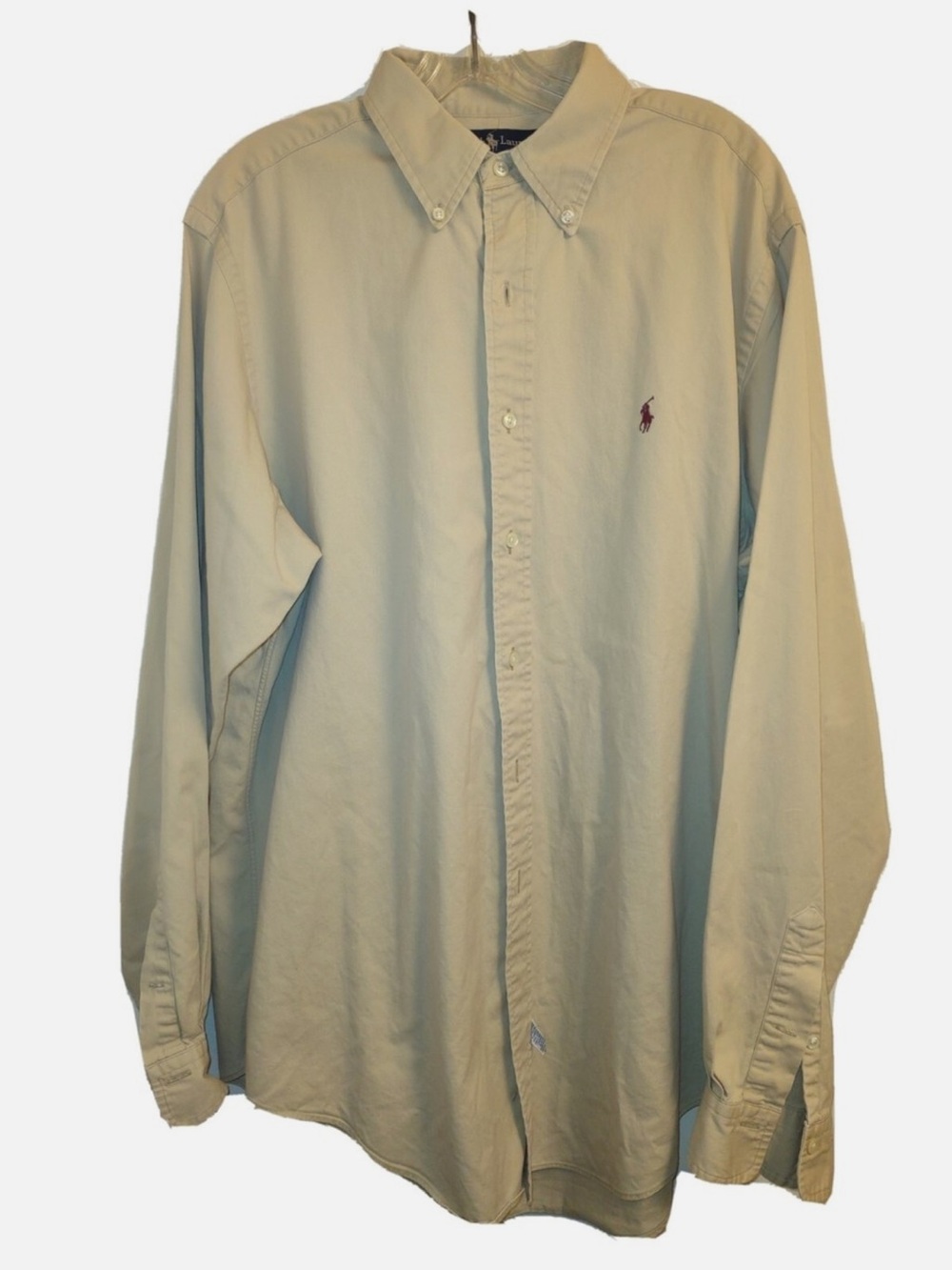 Ralph Lauren Men’s Button-Down Dress Shirt in Light Tan with Burgundy Pony